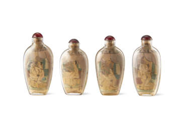 Four glass snuff bottles painted with erotic scenes