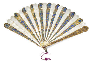 A mother of pearl, metal and enammelled fan