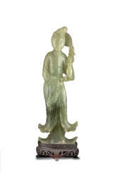 A serpentine model of a lady wearing long robes, with wood base