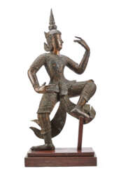 Gilt-wood sculpture with vitreous inclusions, representing a devata dancer on a red ground lacquered wooden base