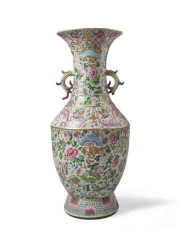 A large Famille Rose celadon ground moulded vase with dragon, flowers, and birds decoration - фото 1