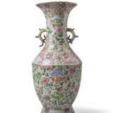 A large Famille Rose celadon ground moulded vase with dragon, flowers, and birds decoration - фото 1