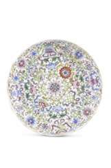 A Famille Rose porcelain dish with flower and buddhist symbols decoration bearing apocryphal Qianlong mark