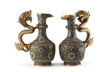A pair of cloisonne enamel dragon handled ewer