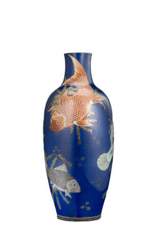 A large 'powder blue' porcelain vase, decorated with leaping carps in iron red and green enamels - photo 1