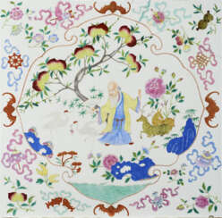 A large famille rose porcelain plaque decorated with a Shoulao under a peach tree and dears