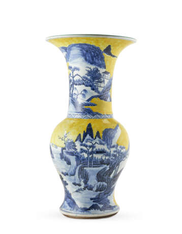 A phoenix tail yellow ground porcelain vase with landscape decoration in blue and white porcelain - фото 1