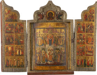 SEHR FEINES UND GROSSES TRIPTYCHON MIT DEM SCHLEIERWUNDER DER GOTTESMUTTER (POKROW), FESTTAGEN DES ORTHODOXEN KIRCHENJAHRES UND AUSGEWÄHLTEN HEILIGEN