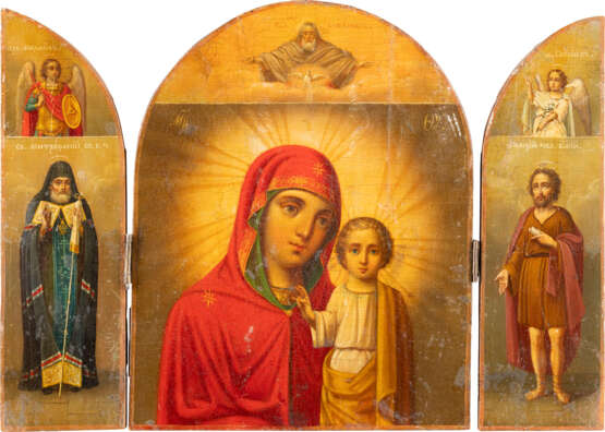 FEINES TRIPTYCHON MIT DER GOTTESMUTTER VON KASAN FLANKIERT VON DEN ERZENGELN MICHAEL UND GABRIEL SOWIE DEN HEILIGEN MITROFAN VON WORONESCH UND ALEXEJ, MANN GOTTES - photo 1