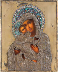 IKONE MIT DER GOTTESMUTTER VON WLADIMIR (WLADIMIRSKAJA) MIT CLOISONNÉ-EMAIL-OKLAD