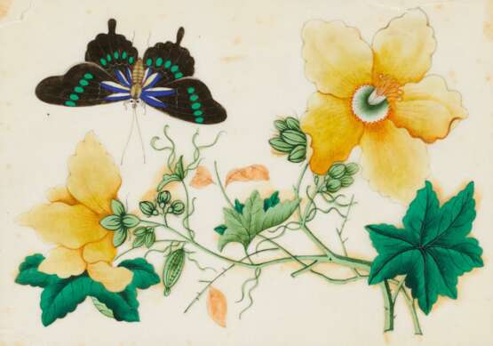 Drei Malereien mit Blumen und Schmetterlingen - photo 1