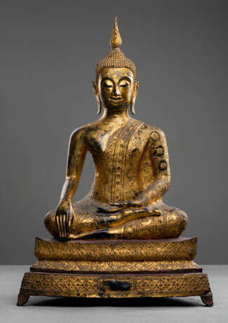 Bronze des Buddha Shakyamuni im Meditationssitz mit goldfarbener Lackfassung - Foto 1