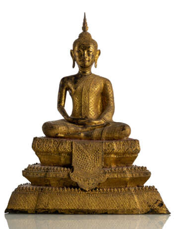 Bronze des Buddha Shakyamuni mit roter, schwarzer und goldfarbener Lackfassung - photo 1