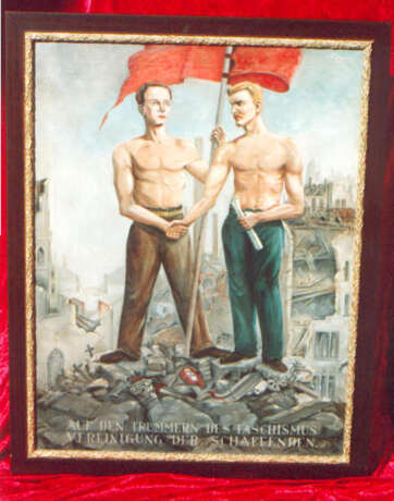 E.KÜCHENMEISTER-,"Auf den Trümmern des Faschismus", Öl auf Leinwand, gerahmt, signiert und datiert - Foto 1