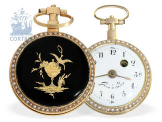 Watch: miniature Gold/enamel Spindeluhr with double pearl trim, Guex a Paris, 1790