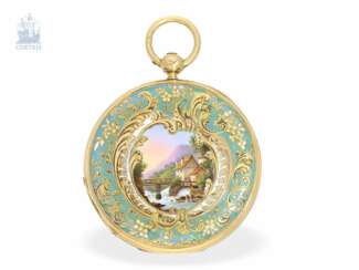 Pocket watch: fine Gold/enamel ladies savonnette Longchamp & Pizzala Geneva, around 1840