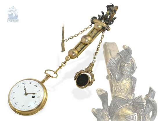 Taschenuhr: große 18K Spindeluhr mit Repetition auf Glocke und dekorativer Chatelaine, Frankreich um 1800 - Foto 1