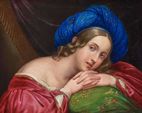 Frankreich, um 1830. Bildnis einer jungen Dame mit blauem Turban (die Sängerin Henriette Sontag?) - photo 1