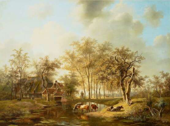 Klerk, Willem de. Uferlandschaft mit Rindern und Hirten Links ein Gehöft, eine Allee im Mittelgrund - Foto 1