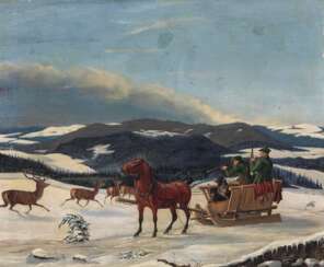Monogrammist EL, um 1841. Zwei Jäger mit ihren Hunden in einem Jagdschlitten Verschneite hügelige Landschaft, das Wild quert vor dem Schlitten