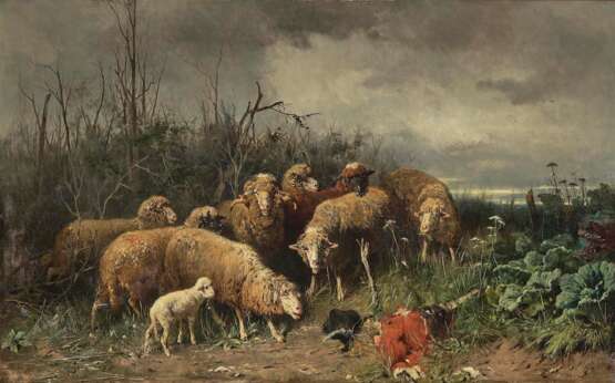 Gebler, Otto. Ein gefallener Held Neugierig betrachtet eine Schafherde eine umgestürzte Vogelscheuche - Foto 1