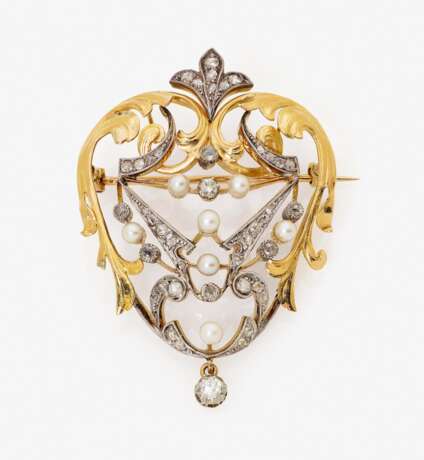 Jugendstilbrosche mit Diamanten und Zuchtperlen. Frankreich, um 1900 - Foto 1