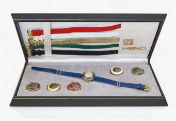 Armbanduhr mit 5 Gehäuseringen und Armbändern . Schweiz, 1960er Jahre, HENO