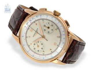 Armbanduhr: hochfeiner und sehr seltener roségoldener Longines-Chronograph Ref.5966 in ausgezeichnetem Erhaltungszustand, ca. 1956