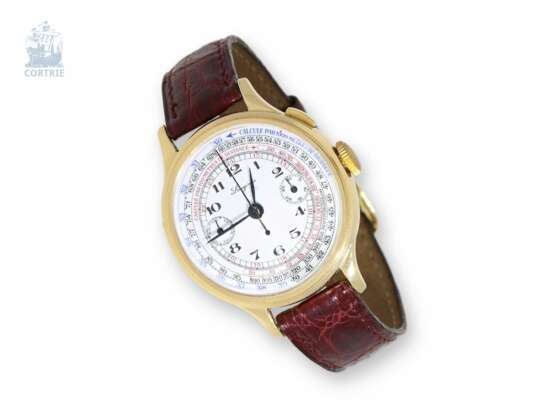Armbanduhr: musealer, ganz früher Longines Armband-Chronograph "Compteur" in 18K Gold mit Emaillezifferblatt, ca.1934 - Foto 1