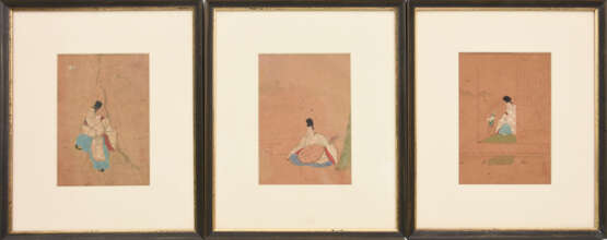 UNBEKANNETR KÜNSTLER, drei Miniaturmalereien, Seidenpapier im Passepartout, Japan, anfang 20. Jahrhundert - photo 1