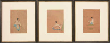 UNBEKANNETR KÜNSTLER, drei Miniaturmalereien, Seidenpapier im Passepartout, Japan, anfang 20. Jahrhundert