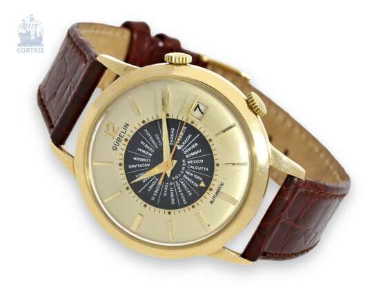 Armbanduhr: seltener, automatischer 18K Armband-Wecker, Gübelin/Le Coultre Ipsovox "Weltzeit" Kaliber 825, um 1960 - фото 1