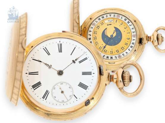 Taschenuhr: äußerst seltene, doppelseitige astronomische Kalenderuhr mit Viertelstunden-Repetition, Schweiz um 1880, ehemaliger Adelsbesitz - фото 1