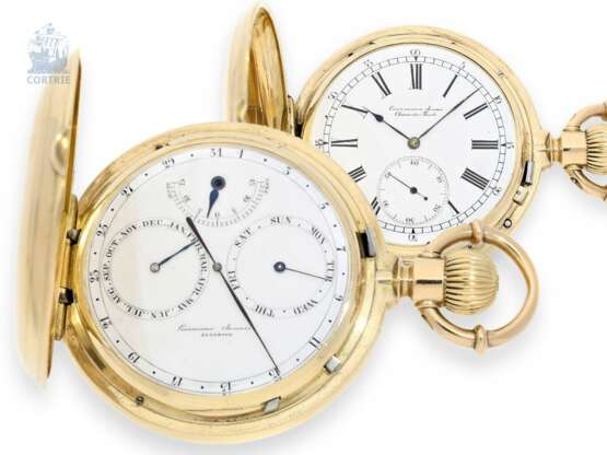 Armbanduhr: extrem seltene, besonders schwere doppelseitige Kalenderuhr, Courvoisier Jonais, Chaux-de-Fonds, No. 20012, um 1875 - Foto 1
