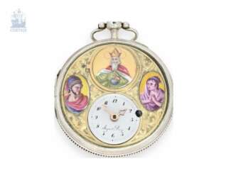 Taschenuhr: extrem seltene Spindeluhr mit dezentraler Zeitanzeige, 3 Emaille-Medaillons und versteckter erotischer Szene, bedeutender Uhrmacher, Jaquet Droz No.28677, um 1800