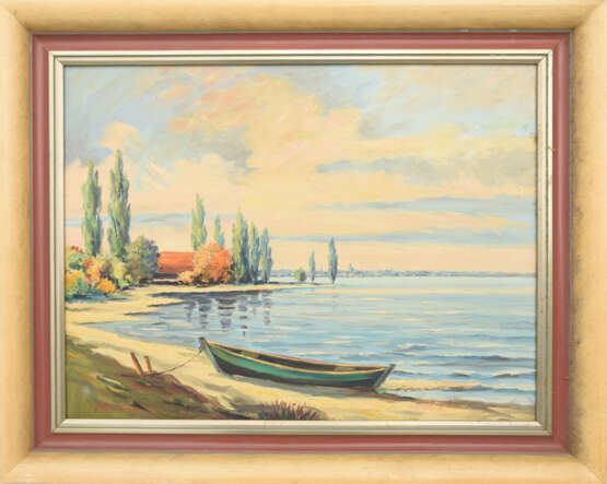 UNBEKANNTER KÜNSTLER, Boot am Seeufer, Acryl / Platte, 20. Jh - Foto 1