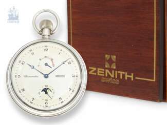 Taschenuhr: hochwertiges, vermutlich ungetragenes Zenith Deck-Chronometer 5011 mit Mondphase und Gangreserve, Ref.070050.145, mit Originalbox, Papieren und Chronometerzertifikat