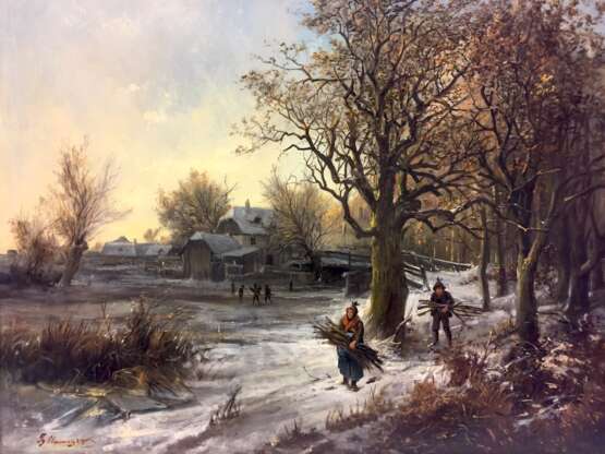 Ignaz Ellminger: "Holzsammler im Winter", Realismus um 1875/80, Öl auf Leinwand, Österreich 19. Jahrhundert, sehr guter Zustand! - photo 1