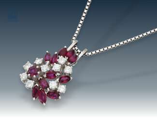 Chain/necklace/pendant: extremely decorative vintage, ruby/brilliant pendant with matching white gold chain