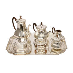 NIEDERLANDE 4-tlg. Kaffee-Teekern, Deckeldose mit Unterteller und Tablett, Silber, 2. Hälfte 20. Jahrhundert