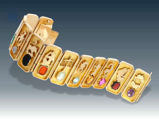 Armband: außergewöhnliches vintage Goldschmiede-Armband mit Darstellung der 12 Tierkreiszeichen und den zugeordneten Farbsteinen - photo 1