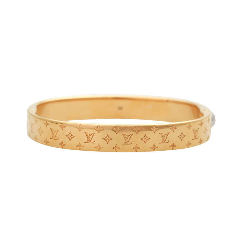 Sold at Auction: LOUIS VUITTON NANOGRAM CUFF BANGLE. Engraved with