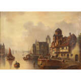 MALER 19./20. Jahrhundert, "Holländische Hafenstadt mit Fischmarkt auf der Kaimauer", - Foto 1