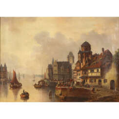 MALER 19./20. Jahrhundert, "Holländische Hafenstadt mit Fischmarkt auf der Kaimauer",