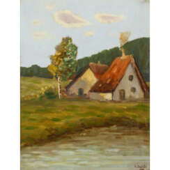 SCHÄFER, KARL (Ulm 1888-1956 Göppingen), "Frühlingslandschaft mit Häuschen am Flussufer",