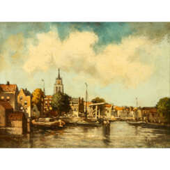 HORSMAN, A. (Maler 19./20. Jahrhundert), "Blick über Lastboot und Kanal auf eine holländische Stadt"