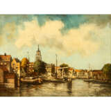 HORSMAN, A. (Maler 19./20. Jahrhundert), "Blick über Lastboot und Kanal auf eine holländische Stadt" - Foto 1
