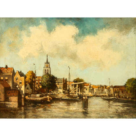HORSMAN, A. (Maler 19./20. Jahrhundert), "Blick über Lastboot und Kanal auf eine holländische Stadt" - Foto 1