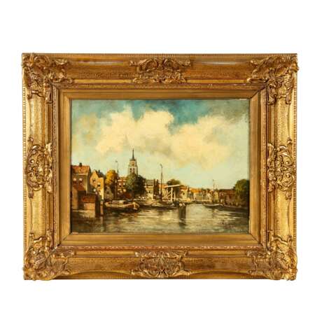 HORSMAN, A. (Maler 19./20. Jahrhundert), "Blick über Lastboot und Kanal auf eine holländische Stadt" - photo 2
