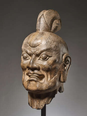 OVER-LIFESIZE LIMESTONE HEAD OF A TIANWANG GUARDIAN GOD, CHINA, TANG DYNASTY - photo 1